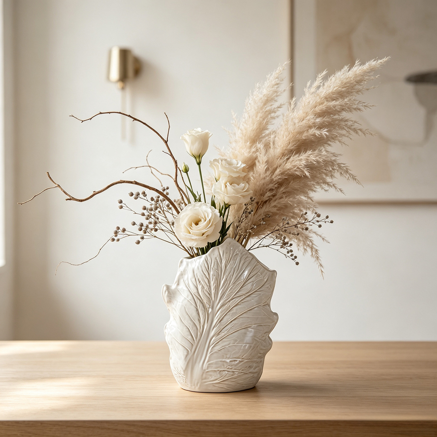 Pampas Grass Decor - Blattförmige Keramikvase für Pampasgras Getrocknete Blumen