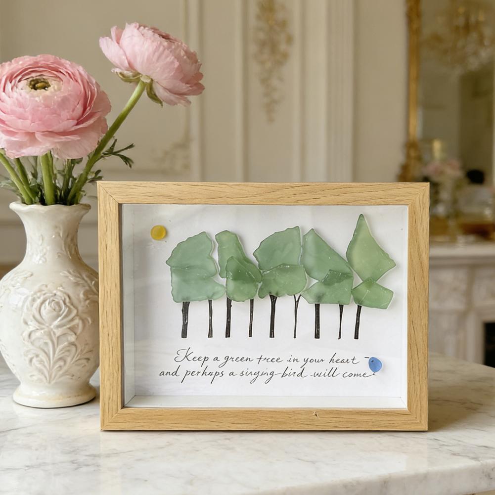 Bamboo Photo Frame - Desktop-Bilderrahmen, handgefertigtes Meerglas-Baum-Wandbild mit Rahmen, Küstenregenbogen-Meerglas-Kunstwerk,